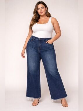 Risen Jeans | Women’s Dark Blue Riverbend Wide Leg Raw Hem Jeans 1X NWT Stretch